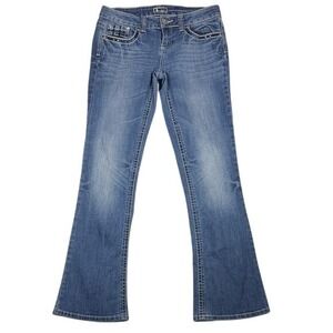Soundgirl Womens Bootcut Jeans Blue Medium Wash Rhinestone Fleur De Lis Size 9